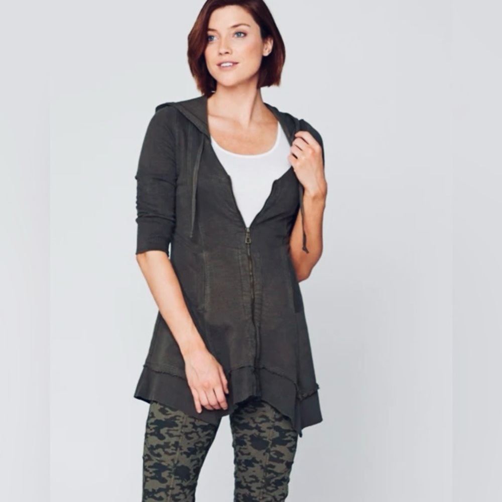 XCVI Wearables Hooded Mercantile Jacket‎ XS Grey 3/4 Sleeve Tunic Zip Sweatshirt